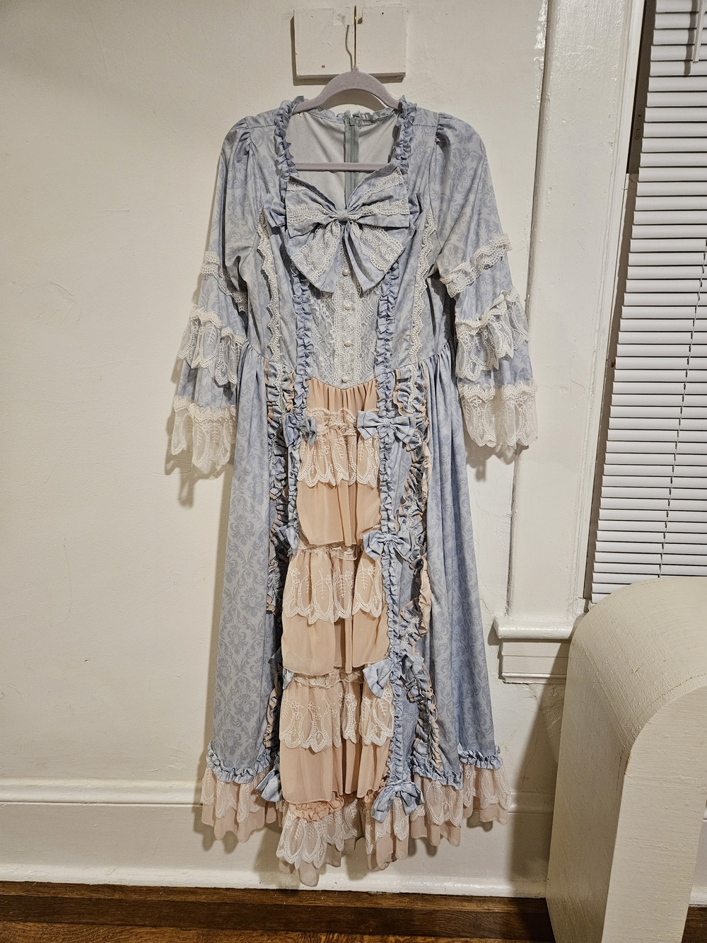 Romantic Lace-Trim Blue and Peach Tiered Marie Antoinette Dress - M